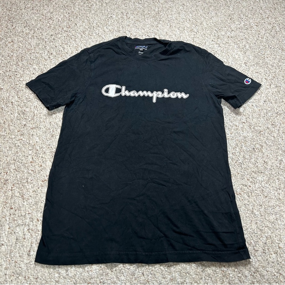Champion Black Spell Out Logo Tee Women’s Medium Short Sleeve Crewneck Shirt